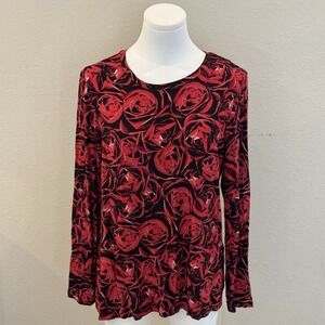 Chicos Sz L/2 Red Black Rose Floral Print Stretchy Long Sleeve Jersey Top Comfy